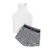 Sunken Stripe Halterneck Vest Houndstooth Printed Shorts Belt Three-piece Set