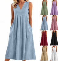 Loose-fitting Cotton-linen Dress With A V-neck And No Sleeves