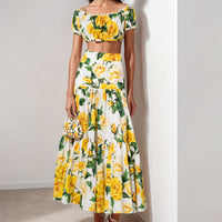 European And American Womens Elegant Sexy Printed Pleated Skirt Fashion Set