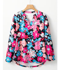 Floral V Neck Roll Tab Sleeve Blouse
