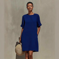 Round-neck Dress With Rolled-up Cuffs