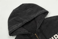 Washed And Worn Letter Printed Full-zip Cardigan Sweater