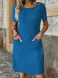 Solid-color Crewneck Woven Non-stretch Womens Dress