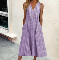 Fashionable Pocketed V-Neck Striped Sleeveless Casual Dress