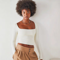 Women's Clothes Long Sleeve T-shirt Solid Color Bare Midriff Short Square Collar Top