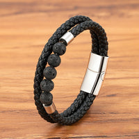 Fashionable All-Match Stainless Steel Genuine Leather Double-Braided Leather Cord Bracelet