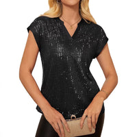Womens Sequin V-Neck Short-Sleeve Party Top Shirt
