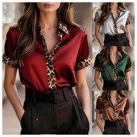 Leopard-Print Contrasting-Color Satin Elegant Commuter All-Match Shirt For Women