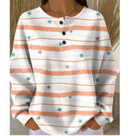 Womens Retro Printed Three-Button Stand-Up Collar Sweatshirt Top