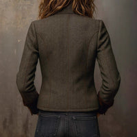 Vintage Herringbone Pattern Tweed Blazer With Velvet Trim