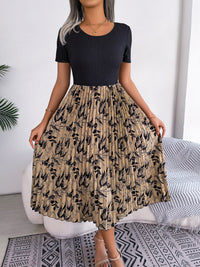 Women   Casual Leaf Print High Waist Pleated Midi Dress