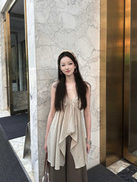 Linen Blended Irregular Vacation Spaghetti Straps Vest