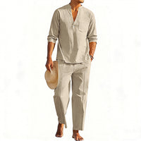 Casual Men's Henley Long-Sleeve Straight-Leg Pants Set