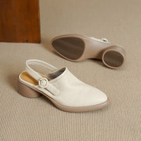 Women's Closed Toe Platform Genuine Leather Sandals, Round Toe, Chunky Heel, Single Buckle Strap, Open Back Roman Style, First-Layer Lambskin Shoes