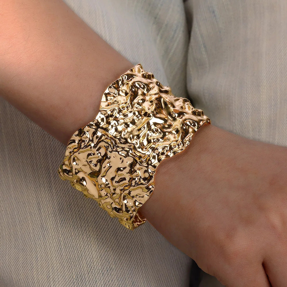 Gold Stainless Steel Bracelet With Concave-convex Pattern