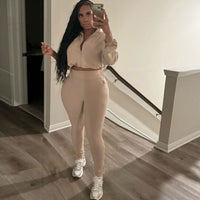 Drawstring Waist Zippered Midriff Baring Top Paired With High Waisted Solid Color Slim Fit Pants