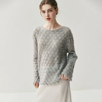 Cashmere Knit Sweater Womens Top With Hollow-out Feather Design