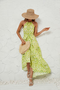 Sexy Round-Neck Lace-Up Printed Long Dress Robe