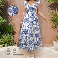 New Arrival Womens Long Dress Printed Waist-Cinching Square-Neck Strap Loose Dress