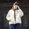 Womens Retro Colorblock Button-Loop Loose Short Cotton Padded Jacket
