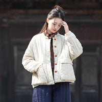 Womens Retro Colorblock Button-Loop Loose Short Cotton Padded Jacket