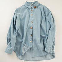 Embroidered Washed Denim Long-Sleeve Shirt Womens Single-Breasted Top