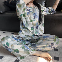 Womens Loose-Fit Long-Sleeve Long-Pants Printed Loungewear Set