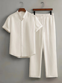 Mens Multi-Color Bamboo-Texture Wrinkle-Finish Short-Sleeve Shirt And Pants Set