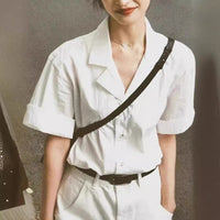 Retro White Cotton And Linen Short-sleeved Shirt For Women