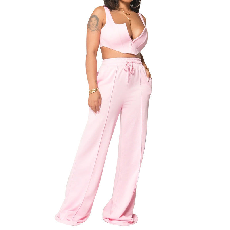 European And American Women's Clothing Solid Color Sexy Top Loose Mop Wide Leg Pants Two-piece Set