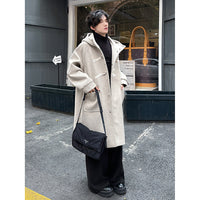 High-grade Woolen Horn Button Hooded Coat Mid-length