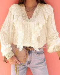 Women's Lace V-neck Patchwork Ruffled Shirt