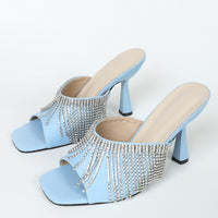 Rhinestone Square Head Satin High Heel Sandals