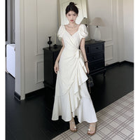 Women's White V Neck Lace Up Short Sleeve Dress