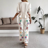 New Street-style Fashion V-neck Tie-front Short-sleeve Set With A Bold Print