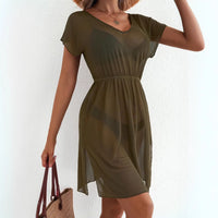 Womens Short-Sleeve Waist-Cinching Mesh Dress