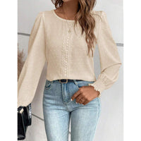 Womens Casual Top With Dotted Lace Trim And Lantern Sleeves