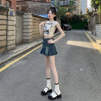Denim Pleated For Women Summer High Waist Anti-exposure Skirt