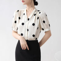 French-style Retro Polka-Dot V-Neck Short-Sleeve Womens Shirt