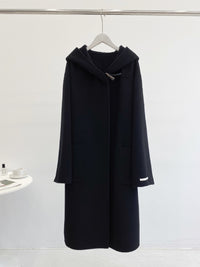 Hooded Dehaired Angora Horn Button Design Cape Reversible Cashmere Coat