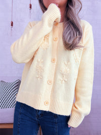 Simple Casual Flower Cardigan Round Neck Long Sleeve Sweater