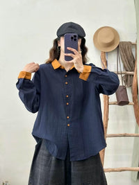 Womens Casual Retro Color-Block Collar Cotton Shirt
