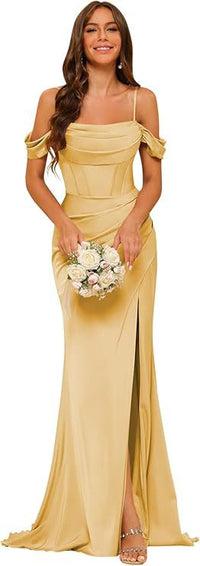 Off-the-shoulder Satin Bridesmaid Corset Ball Gown