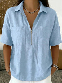 Loose-fit Lapel Short-sleeve Casual V-neck Zip-up Shirt