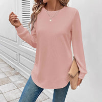 Round Neck Long Sleeve Solid Color Top Waffle T-shirt For Women