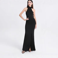 Sexy Halter Bodycon Solid Color Slit Sleeveless Maxi Dress Women