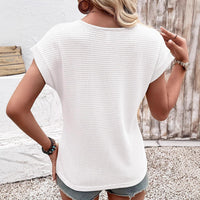 Women's Round-neck Waffle Knit Lace Cutout Short-sleeved Shirt