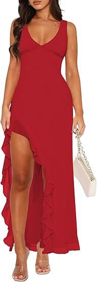 V-neck Hemline Dress Sleeveless Womens Clothing With A Letter-print Ruffled Trim