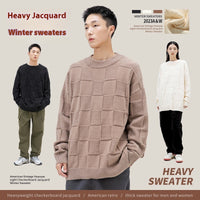 Chessboard Plaid Round Neck Sweater For Men