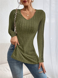 Women's Autumn Winter Coat V-neck Long Sleeve Sunken Stripe Brushed T-shirt